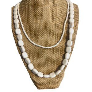 Vintage White Acrylic Double Strand Necklace Seed Bead Lobster Clasp 31"